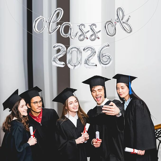 TONIFUL Silver Cursive Class of 2026 Graduation Balloon Banners 2026 Commencement Decor Grad Foil Balloons 2026 Congrats Grad Balloons for Class of 2026 Congratulation Graduation Party Supplies