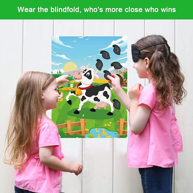 T-Antrix Pin The Tail on The Cow Game -Farm Themed Birthday Games for Kids with 21'' x 28'' Large Poster, Resuable Tails Stickers Farm Party Decorations Kids Birthday Party Favors