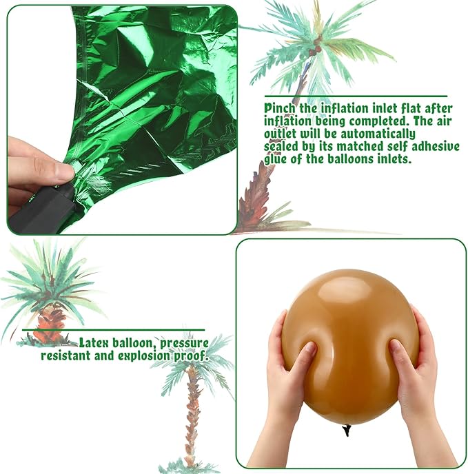 100 Pcs Palm Tree Leaves Balloons Coconut Balloons Set 10 Foil Green Coconut Tree Leaves Balloon 90 Brown Latex for Hawaii Luau Tropical Party Birthday Baby Shower (Stylish Color)
