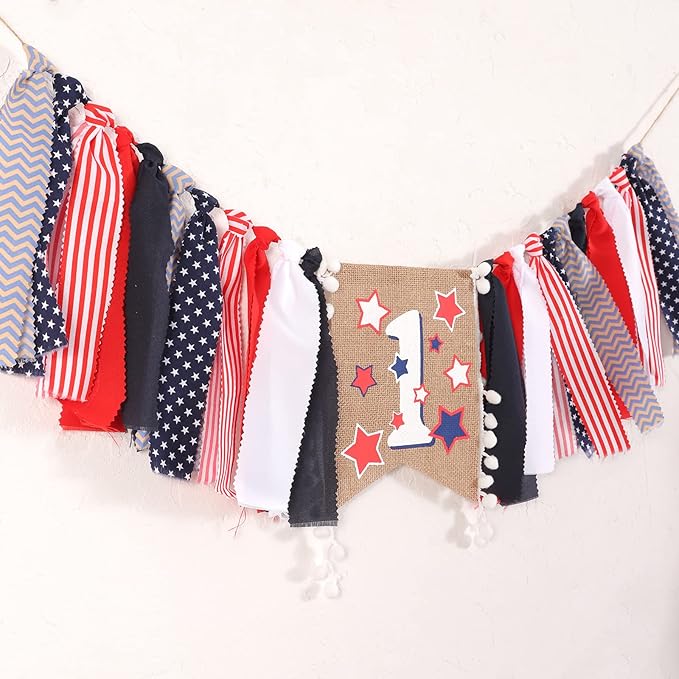Red White and Blue High Chair Banner - 4th of July & Birthday Patriotic 1st Birthday Party Supplies, Independence Day Decorations
