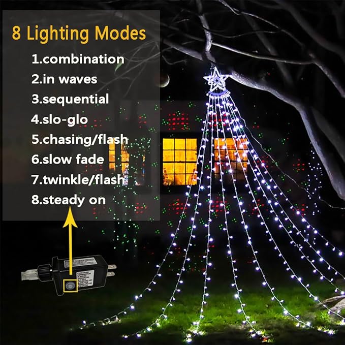 Aokudoni Christmas Decorations Outside, 12.6FT 350 LED 8 Modes Star Christmas Lights Outdoor for House Yard Porch Holiday Decoration, Cool White