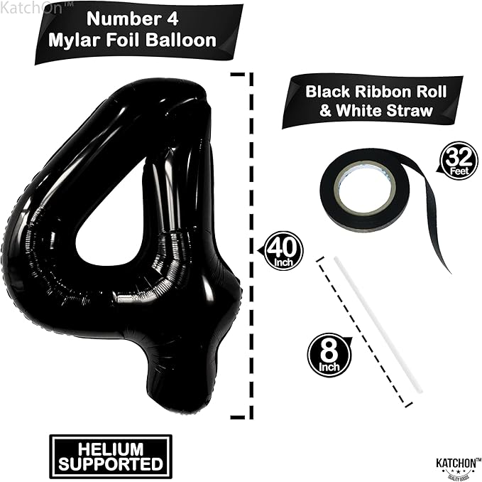 KatchOn, Black Number 4 Balloons - Giant, 40 Inch | Black 4 Balloon Number, 4th Birthday Decorations Boy | 4 Year Old Balloon, 4th Birthday Decorations for Boys | Spooky Birthday Party decorations
