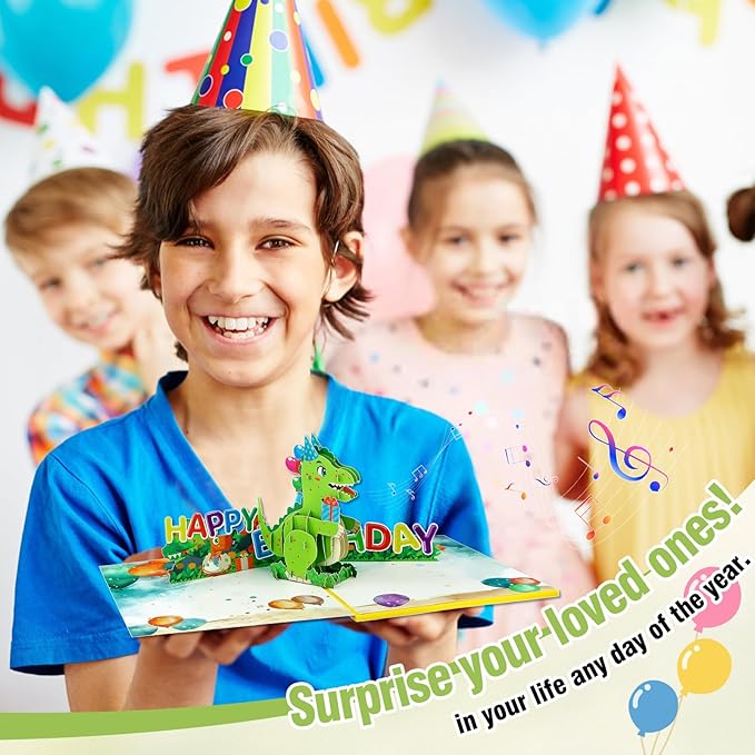 FaCraft Dinosaur Musical Birthday Cards for Kids - Music & Light 3D T-Rex Handmade Pop Up Birthday Cards with Envelope, Blank Insert, Gift for Boys Girls Son Grandson Toddler Nephew 1 2 3 4 5 Year Old