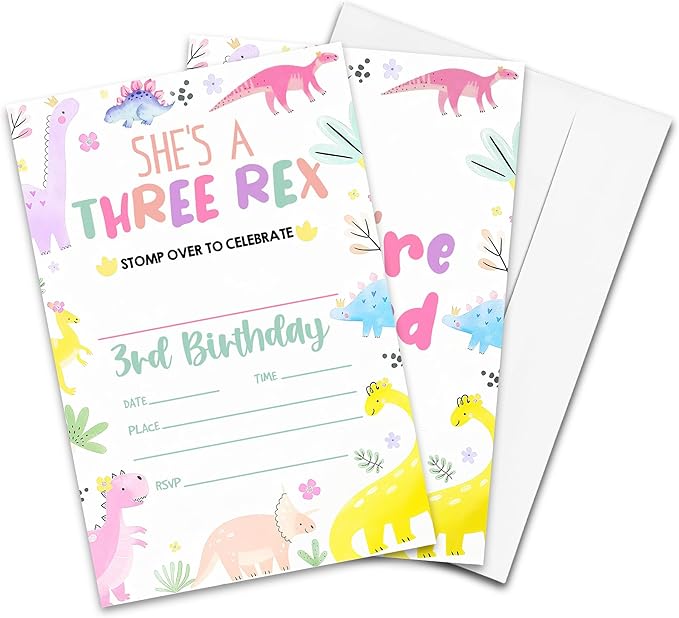 3RD Birthday Party Invitations- She’s A Three-Rex Stomp Over to Celebrate - 20-Pack of 4''x6'' Invite Cards with Envelopes, Double-Sided Fill In Birthday Party Celebrate Supplies & Decor For Girls-A11
