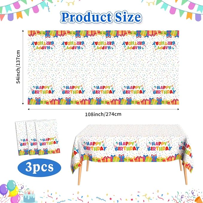 Birthday Tablecloth, 3 PCS Birthday Table Cloths 54'' x 108'' Disposable Birthdays Table Cover Waterproof Plastic TableCloth Rectangle Party Tablecloths for Kid’s Happy Birthdays Party Decorations