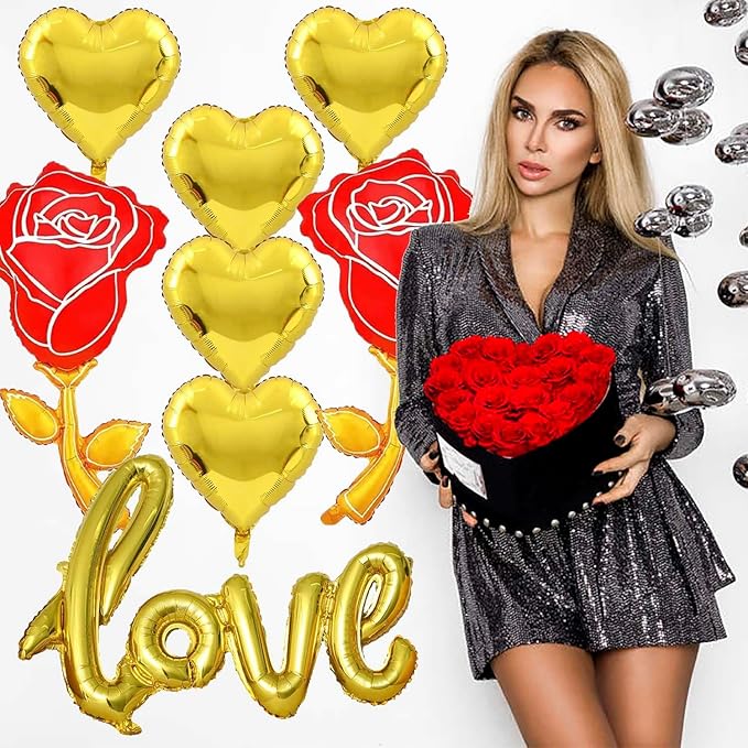 Gold Heart Balloons Gold Love Balloons Gold Rose Balloons Valentine Balloons Valentine Party Balloons for Valentine Day Decoration Anniversary Party Decorations Theme Supplies Balloon Sets-8 PCS