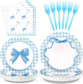 96Pcs Blue Bow Birthday Decorations Blue and White Gingham Plaid Plates and Napkins Sets Coquette Party Decorations for Girls Boys Baby Shower Summer Picnic BBQ Barbecue Party Supplies Serve 24