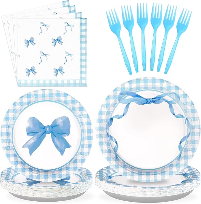 96Pcs Blue Bow Birthday Decorations Blue and White Gingham Plaid Plates and Napkins Sets Coquette Party Decorations for Girls Boys Baby Shower Summer Picnic BBQ Barbecue Party Supplies Serve 24