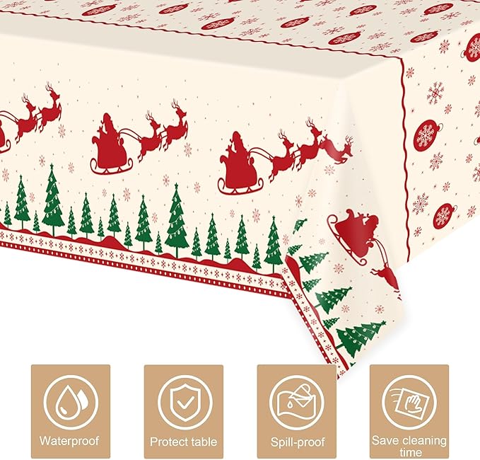 Childom Christmas Disposable Tablecloth,2 Pack Plastic Christmas Tablecloths for Rectangle Tables,54 x 108 Inch,Xmas Beige Reindeer Tablecloths for Xmas Table Decorations Indoor,Outdoor,Parties