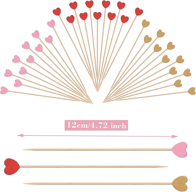 JtmyAota 100 Pack Heart-Shaped Bamboo Cocktail Picks, 4.7" Heart Toothpicks for Appetizers, Natural Bamboo Food Picks for Valentines Wedding Birthday Party Decoration