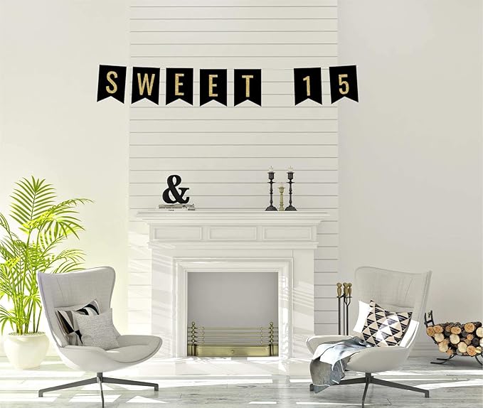 Andaz Press Faux Gold Glitter on Black Birthday Party Banner Decorations, Sweet 15, Approx 5-Feet, 1-Set, Quinceañera 15th Birthday Colored Hanging Pennant Decor