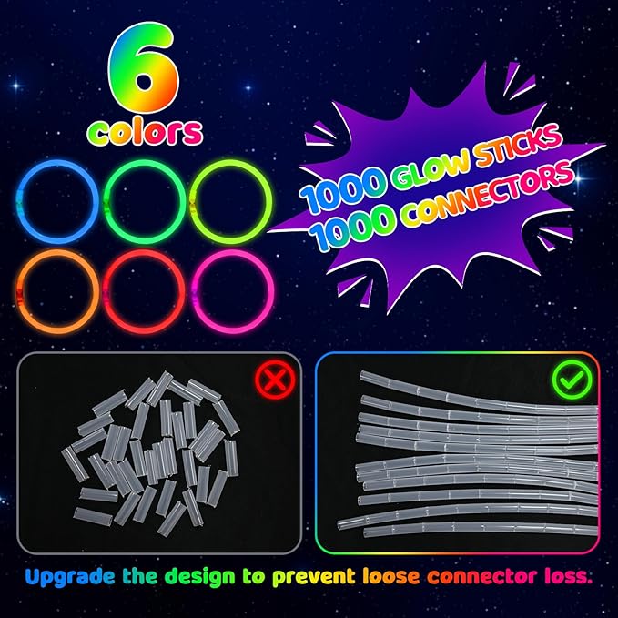 Mega-L 100 Pcs Glow Sticks Bulk Party Pack, Glow in the Dark Party Supplies, 8" Ultra Bright Glow Necklaces and Glow Bracelets with Connectors for Neon Glow Birthday Party, New Years Eve Party Favors