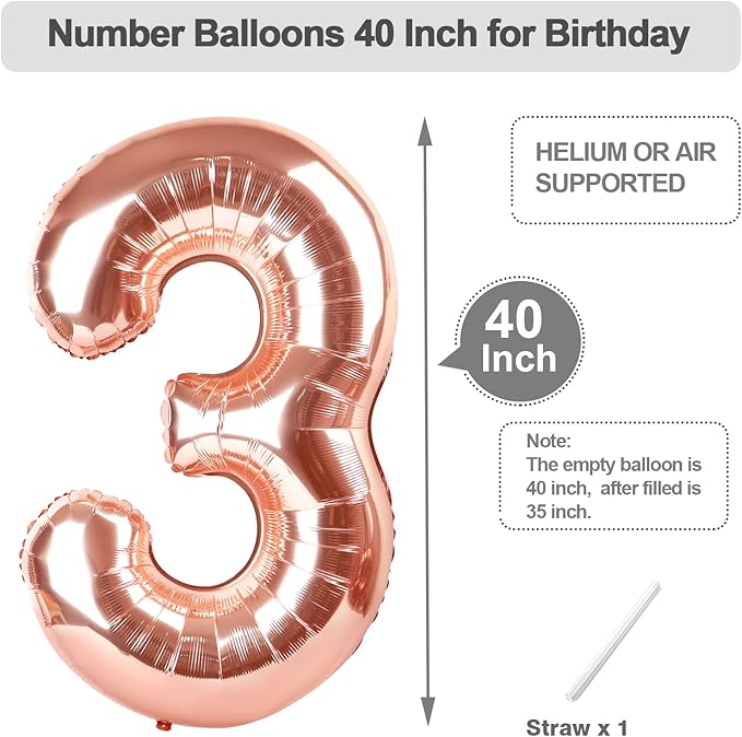 Numbers Balloon 40 Inch, 3 Year Old Birthday Decorations Girl, Rose Gold Number 3 Ballon for 3, 13, 23, 30 Celebration, Boy and Girl Birthday, Wedding, Anniversary Decor
