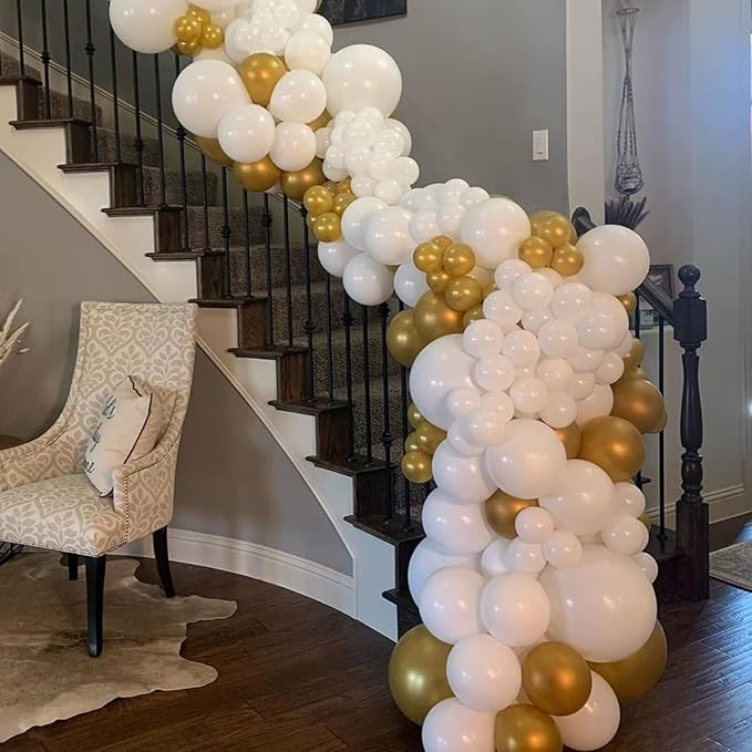 White and Gold Balloon Arch Garland Kit, Metallic Gold and Latex White Balloons Different Sizes 18/12/10/5 inch for Wedding Anniversary Birthday Graduation Bridal Shower Engagement Party Decorations