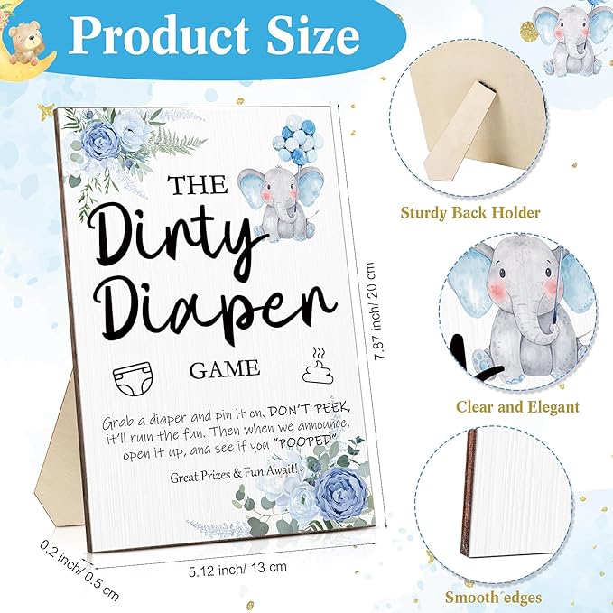 Roowest 51 Pcs Dirty Diaper Baby Shower Games Funny Wooden Sign with 50 Pcs Mini Diapers Cute Felt for Gender Reveal Party Baby Shower(Blue Elephant)