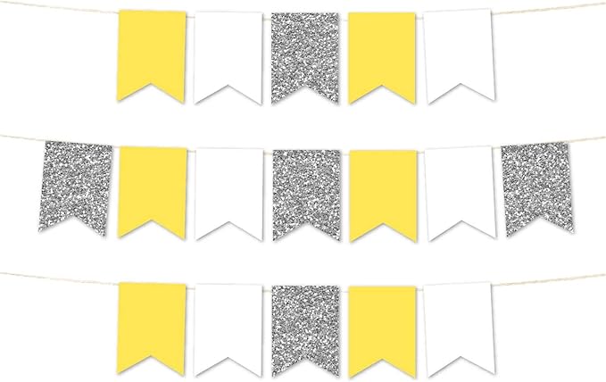 Andaz Press Hanging Pennant Banner with String, Yellow, White, Faux Silver Glitter, 1-Set, 24 Pennants, Approx. 12-Feet Long, Neutral Elephant Baby Shower Theme Supplies