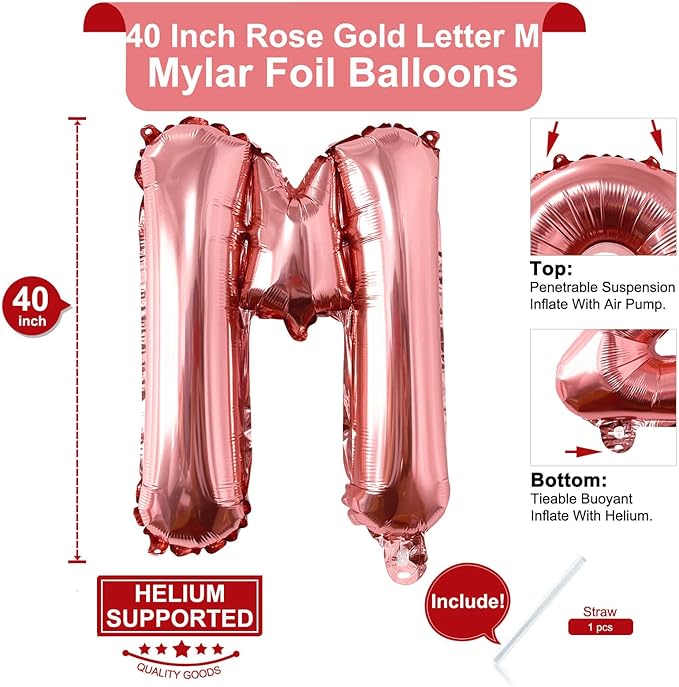 Lovoir 40 Inch Large Rose Gold Letter M Balloons Big Size Jumbo Mylar Foil Helium Balloon for Birthday Party Celebration Decorations Alphabet Rose Gold M
