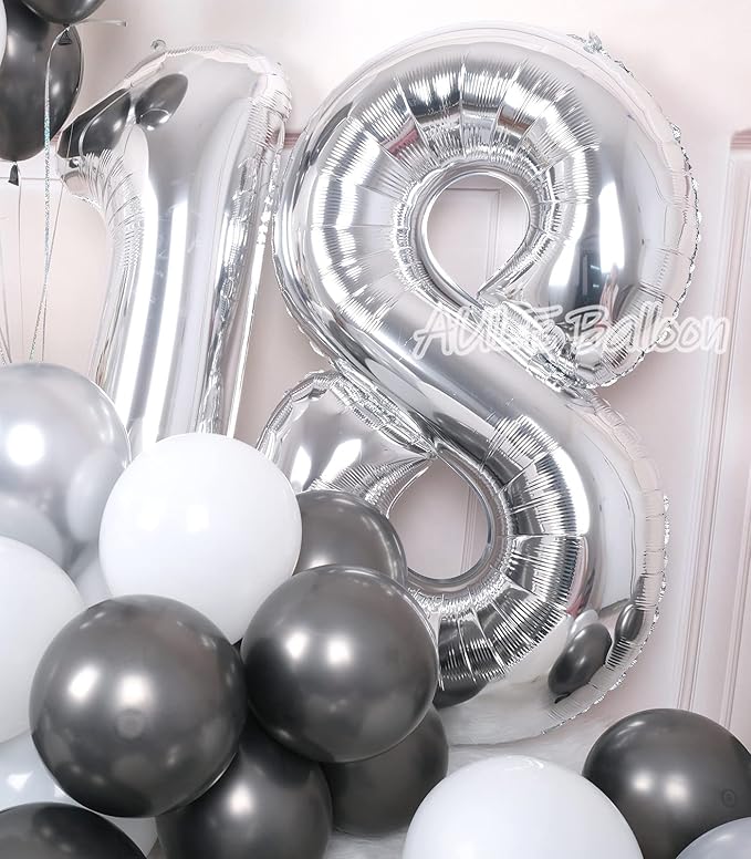 AULE 40 Inch Jumbo Silver Foil Mylar Number Balloons for Boy Girl 18th Birthday Party Decorations 18 Years Old Anniversary Party Supplies