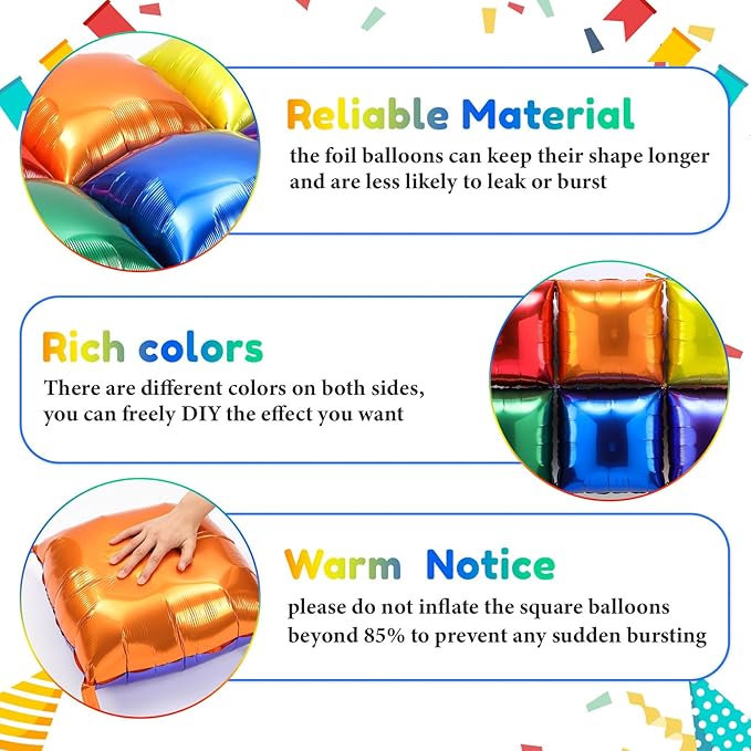 36 Pcs Rainbow Birthday Decorations Balloons Brick Square Foil Balloon Wall Backdrop Arch Kit Double Sided Metallic for Cartoon Video Game Party Supplies(Red Yellow Blue Green Orange Purple)