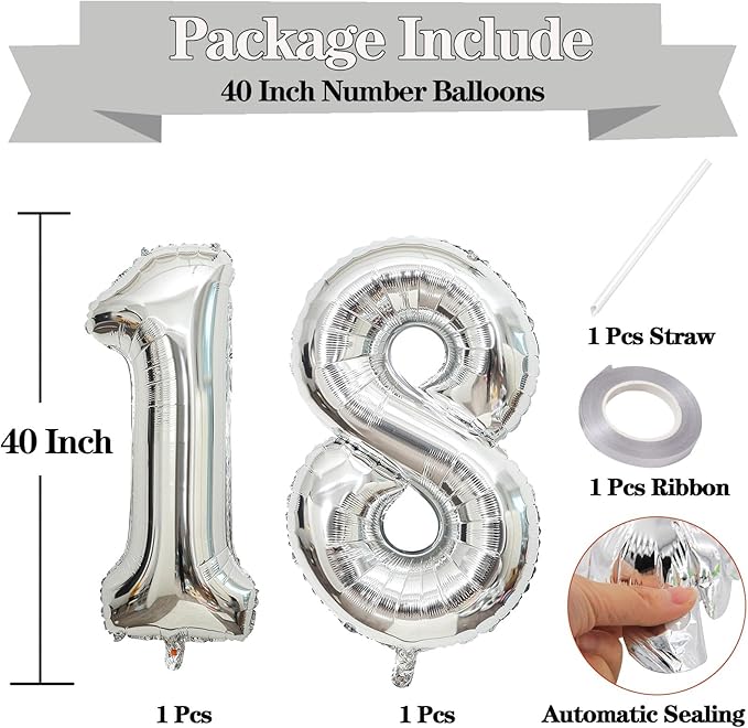 Large Silver 18 Number Balloons, 40 Inch Jumbo Number 18 Balloon, Silver Foil Mylar Balloons for Girl Sweet 18th Birthday Party, Anniversary Decorations