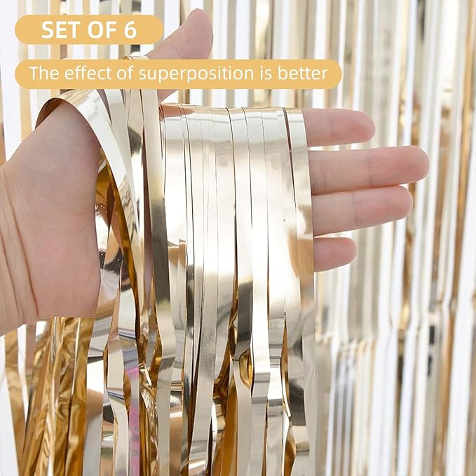 6 Pack Champagne Gold Foil Curtain Backdrop 3.2ft x 6.6ft Metallic Tinsel Fringe Backdrop Curtains Streamer Photo Booth for Birthday Engagement Bachelorette Christmas Holiday Party Décor