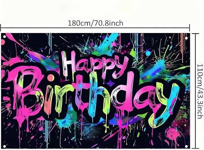 Neon Happy Birthday Banner - 71x43 Photography Backdrops, Party Background Decorations, Colorful Graffiti Splash Paint Kids Birthday Supplies, Glow in The Dark