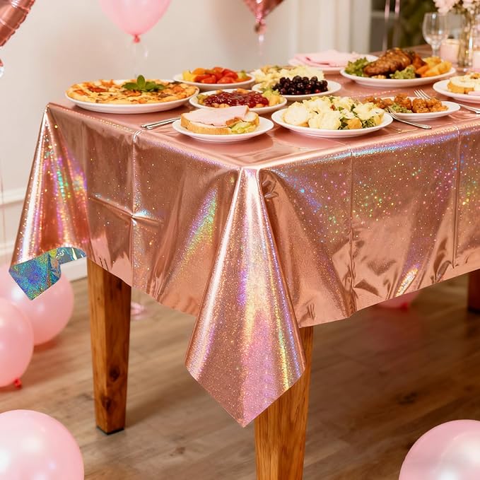 4Pcs Rose Gold Holographic Tablecloths Rectangular Pink Iridescent Tablecloth Shimmer Metallic Table Covers for Girls Women Rose Gold Birthday Decorations, 54 x 108Inch