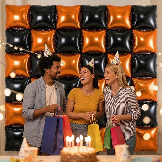 36PCS Square Foil Balloon Wall Backdrop,19 inch Double-Sided Metallic Balloons for Party,Wedding,Anniversary,Birthday,Graduation,Halloween,Shiny Balloon Decor (Orange&Black)