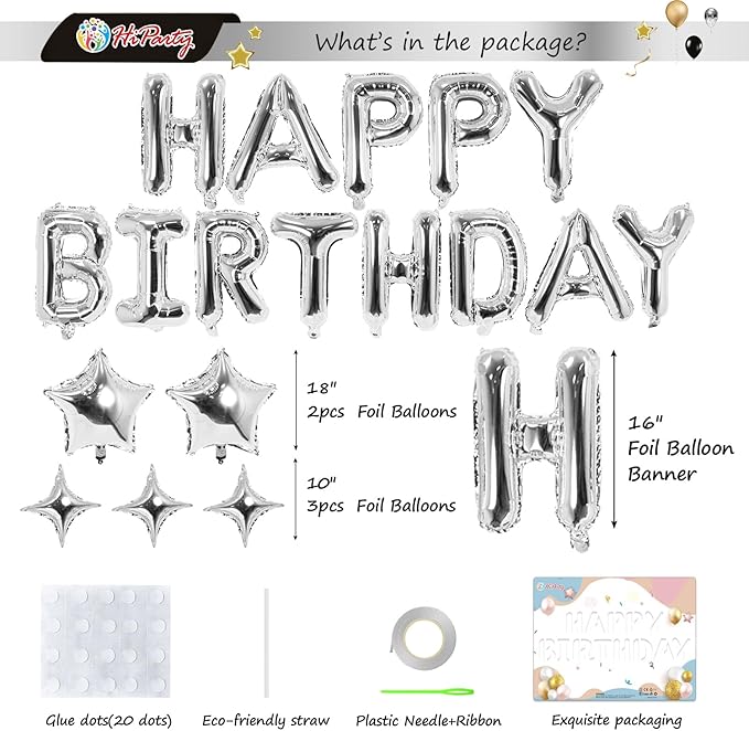 23 Pcs Happy Birthday Balloons Banner, 16 Inch Silver Balloons Mylar Foil Letter with 5pcs Star Balloons Kits for Kids Boys Men Women and Girls Birthday Party Decoration Supplies