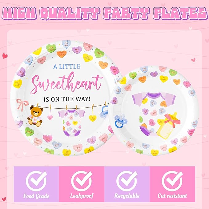 A Little Sweetheart Is On The Way Baby Shower Party Plates Supplies - Serves 24-96Pcs Conversation Heart Tableware Decoration Disposable Paper Plates Napkin Fork for Birthday