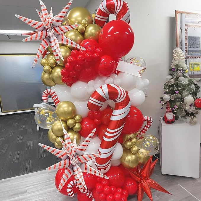 Christmas Balloon Garland, Red White Xmas Balloons Arch Kit with Foil Candy Cane Lollipop Balloons and Red White Star Mylar Balloon for Merry Christmas Party New Year Holiday Birthday Decorations