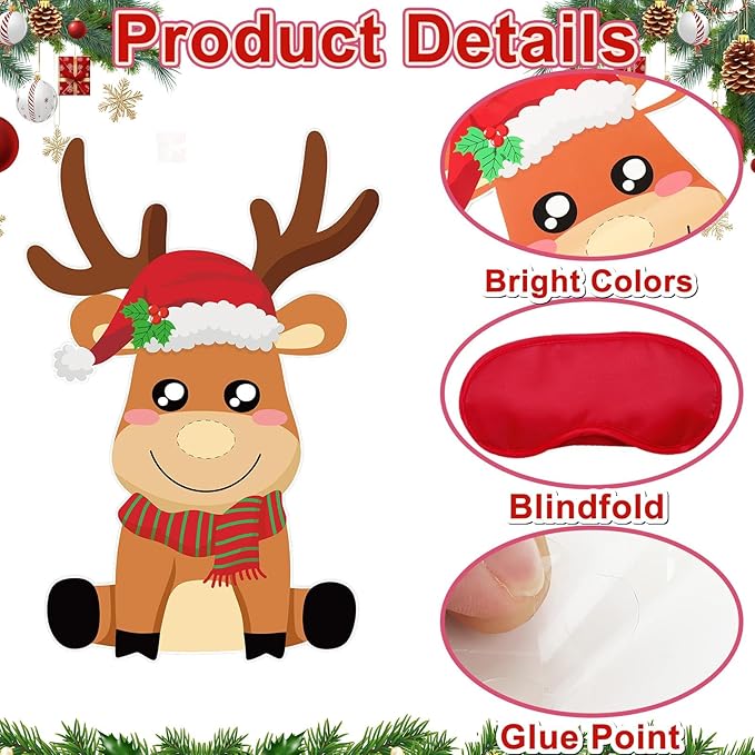 AUGSUN Christmas Party Games for Kids and Family Pin The Nose on The Reindeer Holiday Activity Xmas Reindeer Games for Christmas Festival Winter Party Classroom Favor Decoration Supplies