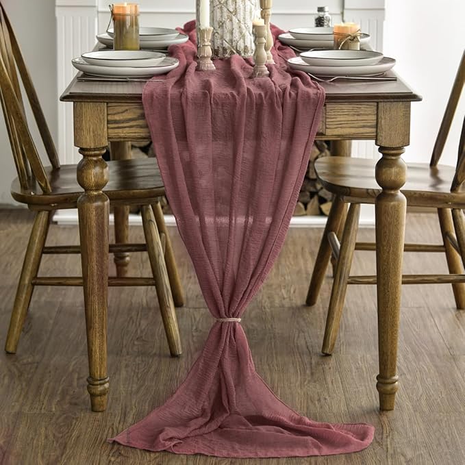 Artoid Mode Boho Cheesecloth Gauze Dusty Rose Wedding Table Runner, 160 Inch Seasonal Fabric Kitchen Dining Holiday Table Decor for Home Party Indoor