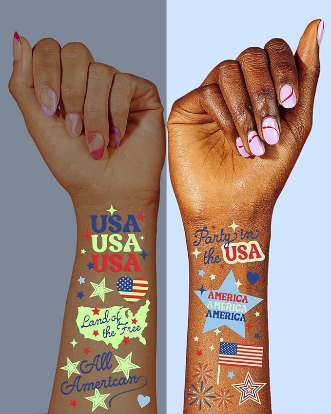 xo, Fetti Fourth of July Tattoos - 60 designs Glow in the Dark | Patriotic Party Decor, Red White Blue, USA Flag, Kids Birthday, American Independence Day, Temporary Tattoos