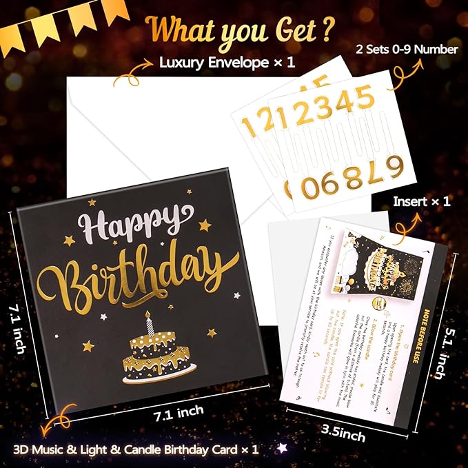 INPHER UPGRADED DIY Age Birthday Cards Fireworks Pop Up Cake Light and Music Black and Gold Happy Birthday Card Gift for Husband, Men, Women, Mom, Grandma