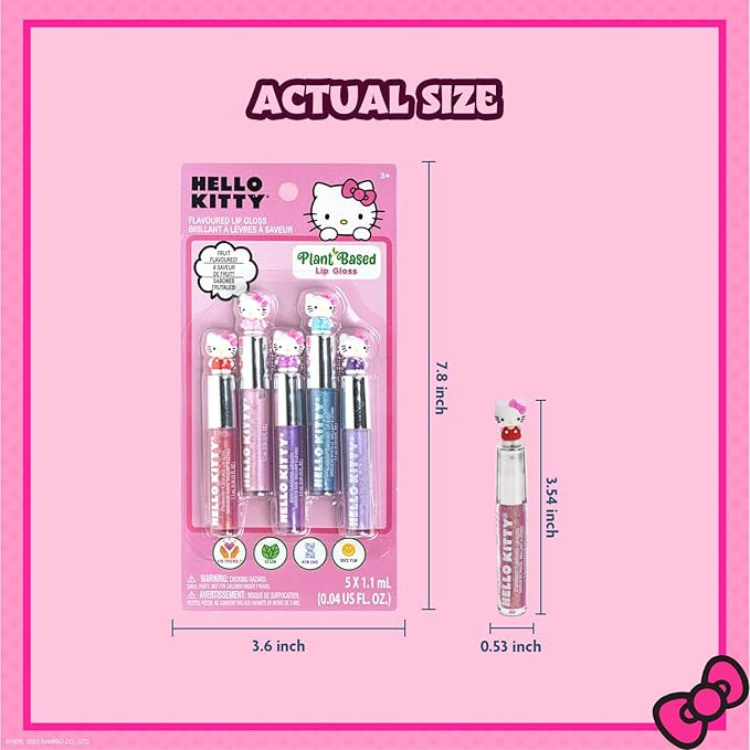 Hello Kitty 5 Pc Plant Based, Moisturizing Lip Gloss Makeup Set for Girls Kids Toddlers, Perfect for Parties Sleepovers Makeovers Birthday Gift for Girls 3 Yrs+ by Townley Girl