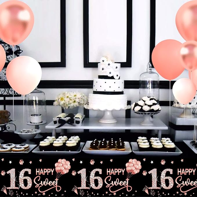 3 Pack Sweet 16th Birthday Tablecloth Decorations for Girls, Rose Gold Happy Sixteen Birthday Theme Table Cover Party Supplies, 16 Year Old Birthday Plastic Disposable Rectangular Table Cloth Decor