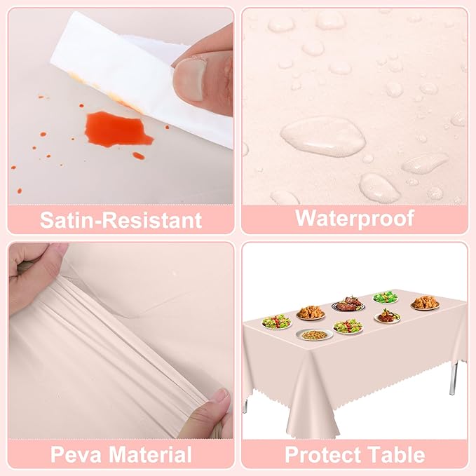 3 Pack Plastic Light Pink Tablecloths, 54 X 108Inch Disposable Spring Tablecloth Scalloped Mother's Day Table Cloth for Rectangle Tables Table Cover for Easter Baby Shower Bridal Tea Party Wedding