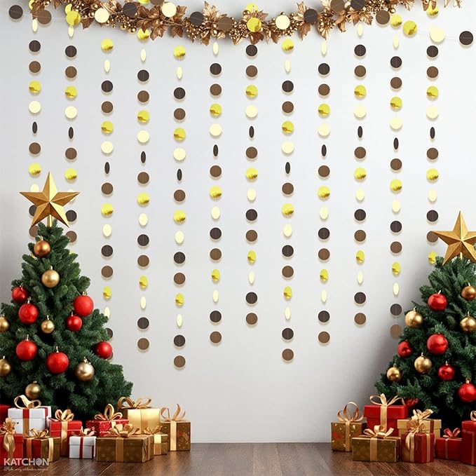 KatchOn, Pre-Strung Circle Gold and Brown Paper Garland - 65 Feet, Pack of 5 | Graduation Decorations 2026 | Black Gold Birthday Decorations | Graduation Backdrop 2026