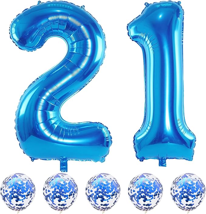 Blue Number 21 Balloons, 40 Inch 21st Birthday Balloons with Confetti Helium Latex Balloons, Jumbo Digital 1 & 2 Mylar Foil Balloons for Boys Girls Men 12th 21st Birthday Anniversary Party Decorations
