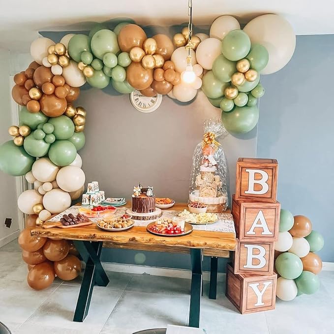 Baby Shower Decorations Boxes with 27 letters - 4 Wood Grain Brown Blocks with 27 Letters, First Birthday Centerpiece Decor, Teddy Bear Baby Shower Supplies, Gender Reveal Backdrop