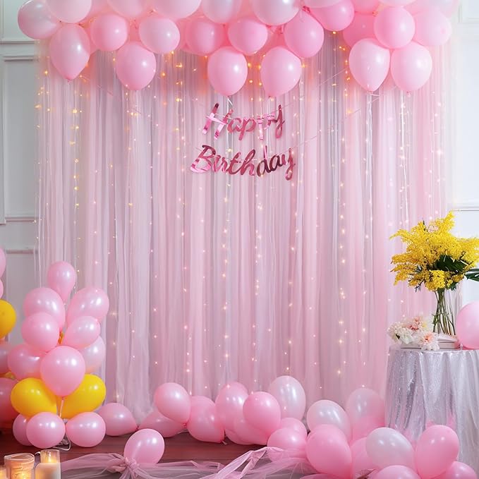 30×10ft Pink Tulle Backdrop Curtain with Lights String for Parties, Sheer Photo Backdrop Curtains for Wedding Party Photography Background