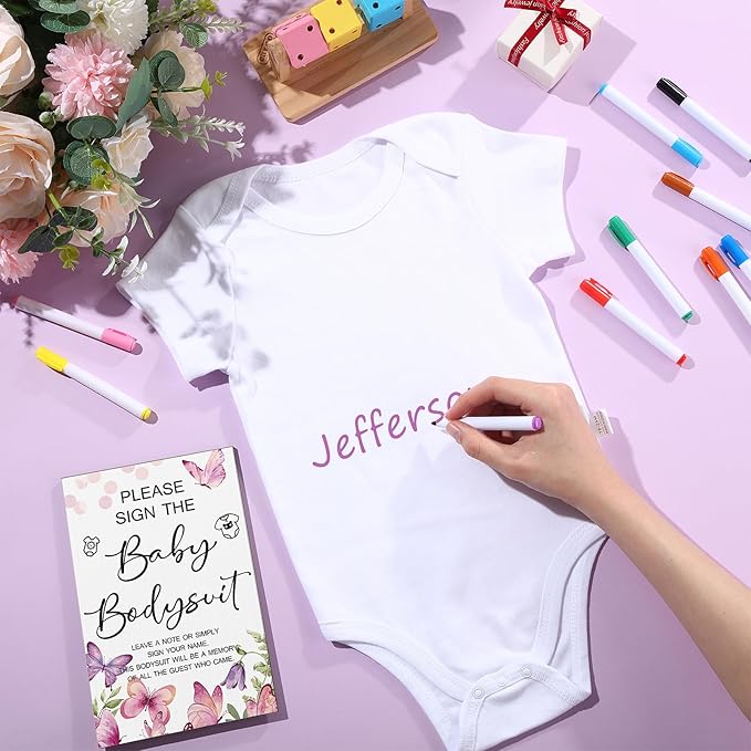 Qunclay 12 Pcs Baby Shower Game Decor with White Unisex Bodysuit Wooden Sign Tabletop Decor and Marker for Guests(Butterfly)