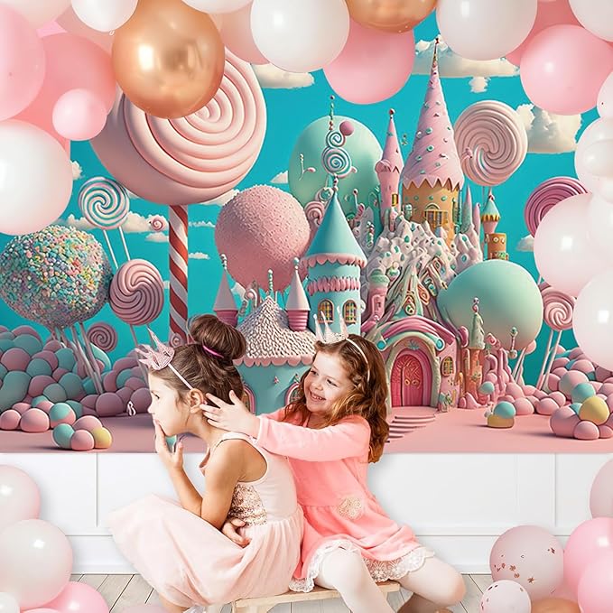 10x8ft Candyland Backdrop Fantasy Pink Sweet Candy Castle Photography Background Children's Birthday Party Candyland Theme Decorations Banner Photo Studio Props