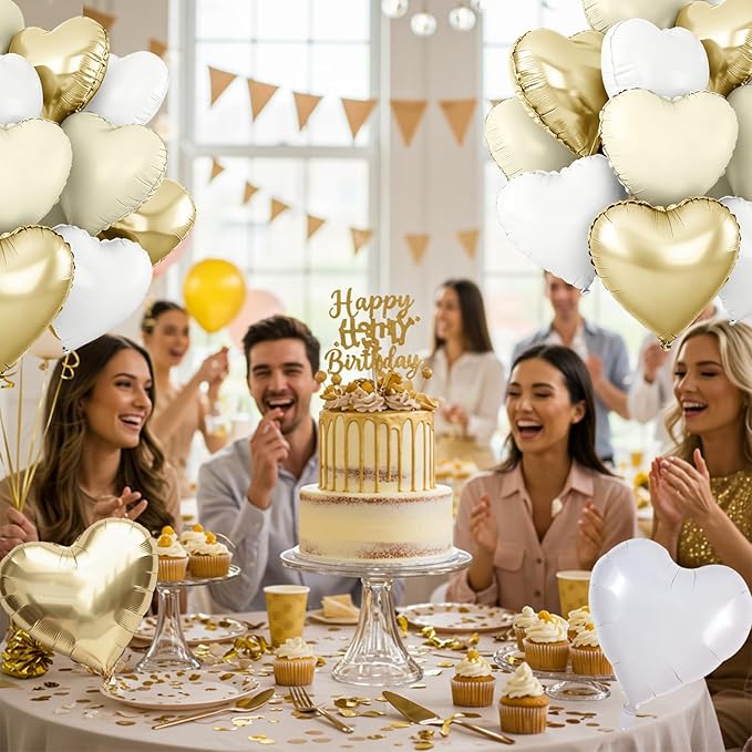 TONIFUL 30Pcs 18 Inch Champagne Gold Cream White Balloons White Heart Shape Foil Mylar Banners Decoration for Birthday Valentine's Day Wedding Bridal Shower Anniversary Engagement Party Supplies