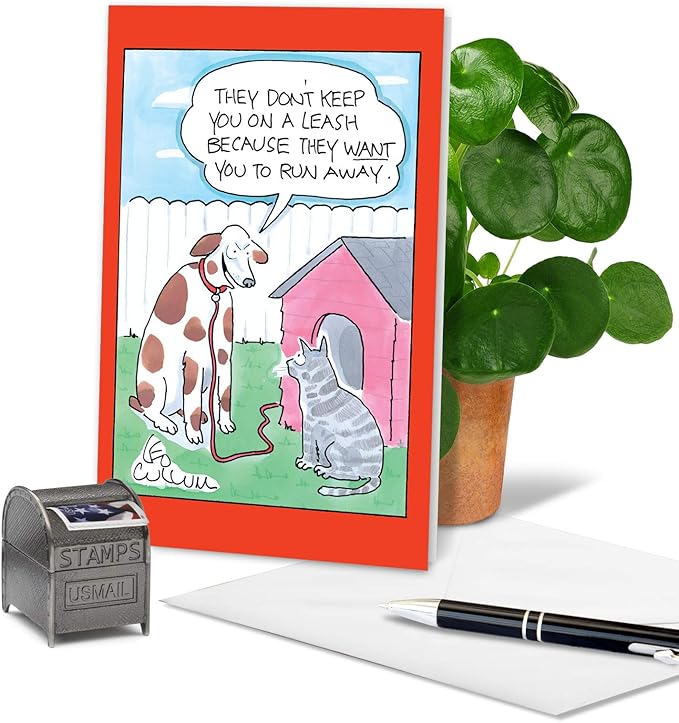 NobleWorks Funny Birthday Paper Card with 5 x 7 Inch Envelope (1 Card) Bday Cat Leash 5027