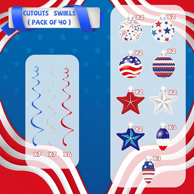 YQUQWN 48 PCS 4th of July Hangings Swirl Decorations, Independence Day Patriotic Party Supplies, No DIY Ceiling Streamers Decor for Holiday Birthday Wedding Veteran Day Tree Red White Blue Decorations