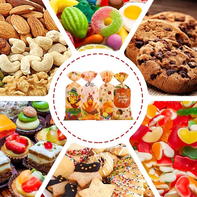 100 PCS Fall Treat Bags(5x11 Inch) with Ties Thankgiving Turkey Goodie Candy Gifts Bags Bulk Autumn Pouches for Thanksgiving Home Party Favors Supplies Decorations Friendsgiving Cellophane Bag