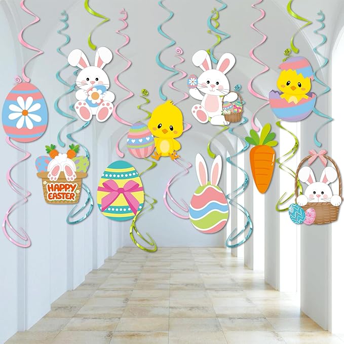 Easter Party Decorations Egg-Bunny Streamers - 16Pcs Cute Hanging Swirl Ceiling,Easter Birthday Kids Favors Gifts Supplies Spring Carrot Chicks Decor Hugtmr