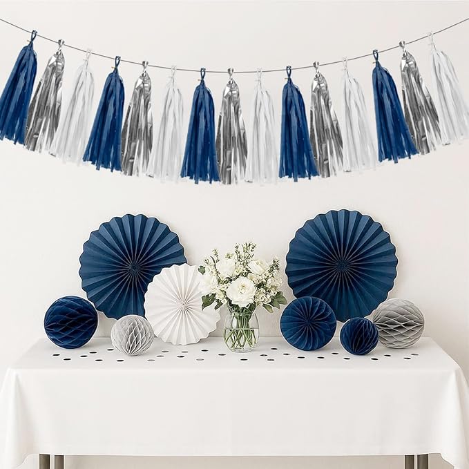 Silver Navy-Blue White Birthday-Party-Decorations - 15Pcs Tissue Paper Tassel Garland Graduation Christmas Decoration Baby Shower Bridal Wedding Engagement Bachelorette Hanging Decor HongTongTong